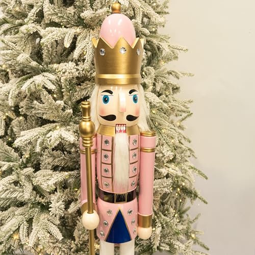 Art Beauty 4ft Pink Wooden Christmas Nutcracker Soldier Figurine Life Size Collectible Nutcracker Decorations for Christmas Decorations