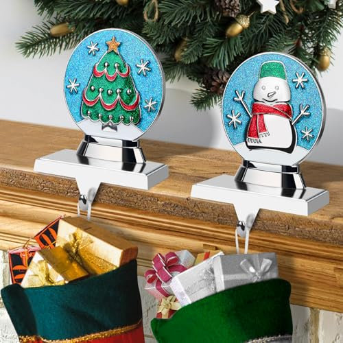 Generisch EBANKU Weihnachtsstrumpf Halter, Kaminhaken für Weihnachtsstrümpfe, Rutschfeste, Stabile Kaminsims Strumpfhaken für Weihnachtsferien, Heimdekoration, Silber (Schneemann und Weihnachtsbaum)