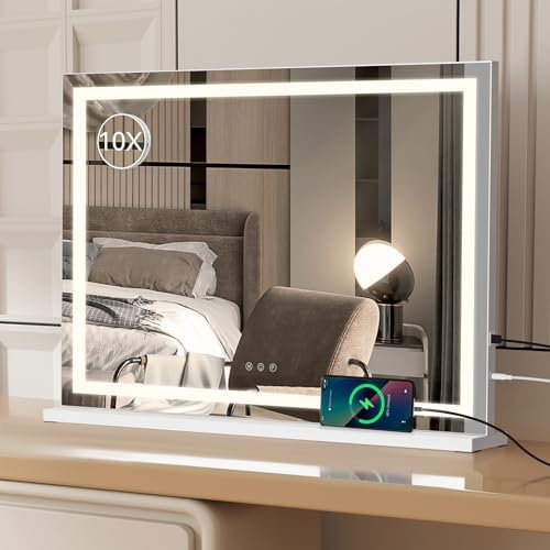 eklipt Hollywood Schminkspiegel mit Beleuchtung, 80 X 56cm Großer Kosmetikspiegel mit 3 Farbbeleuchtungsmodi, Touch Schalter, Vanity Spiegel mit Licht (Weiß,mit Licht,80 X 56cm)