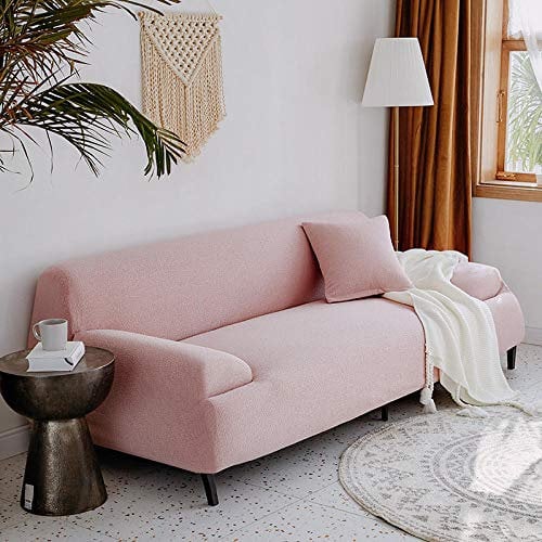 Housse de canapé 3 places en tissu extensible rose poudré avec protection pour animal domestique - Convient aux canapés de 195 à 230 cm