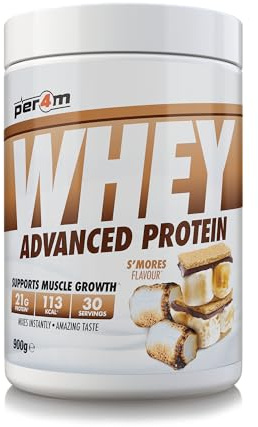 Per4m Whey Protein Powder | High Protein Shake for Muscle Growth & Recovery | Low Sugar Gym Supplement | Sports Nutrition Drink + Amino Acids (900g, S'Mores)