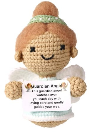 TOYMIS 12,5cm Positiver Gehäkelter Schutzengel, Gehäkelte Engelpuppe Handgefertigt Gehäkelte Schutzengel-Ornamente mit Positiver Karte Gestrickter Positiver Engel zur Ermutigung Dekoration