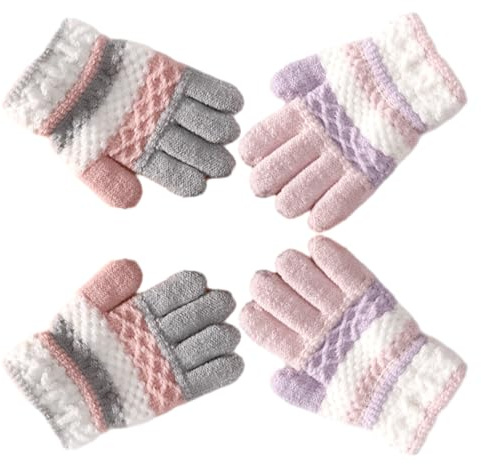 2 Paires Gants Hiver pour Enfant, Gants d'hiver Chauds Gants en Tricot à Doigts Complets, Gants Tricotés Extensibles Gants Plein-doigts, Mitaines en Molleton de Laine pour Enfants 3-8 Ans