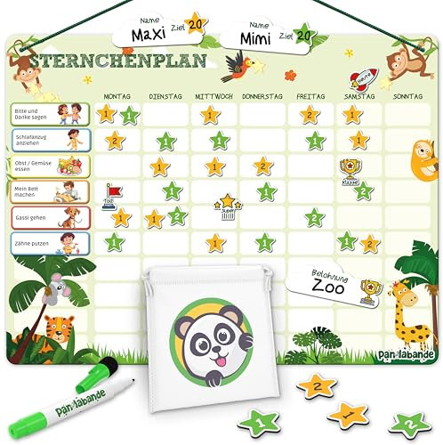 PANDABANDE® Belohnungstafel Kinder [100 Aufgaben, 200 Sterne, 3 Farben, 1-2 Spieler] - Montessori Sternchenplan - Ideales Belohnungssystem, Aufgabenplaner, Belohnung Kind