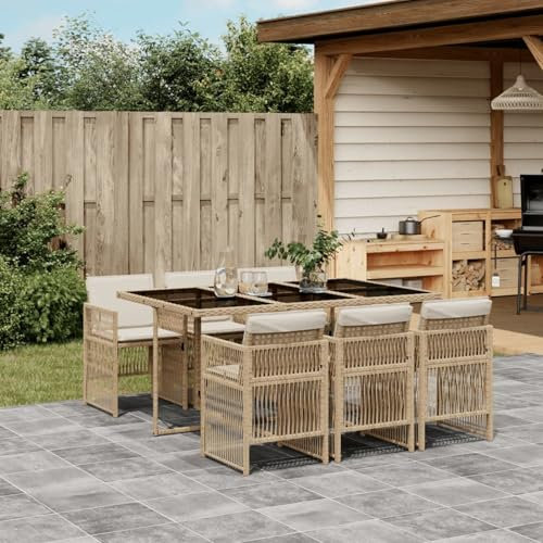 IKAYAA Polyrattan Gartenmöbel Set für 6 Personen, Garten Sitzgruppe, Rattan Essgruppe, Gartengarnitur, Sitzgarnitur, Terrassenmöbel Set, Gartentisch mit 6 Stühle & Kissen Beige und Creme Type-2