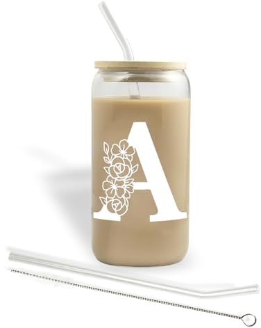 Bliceon Personalized A-Z Initial Glass Cups, Birthday and Christmas Gifts for Women, for Mum, Friends and Sisters - Iced Coffee Cup Gift with Lids and Straws