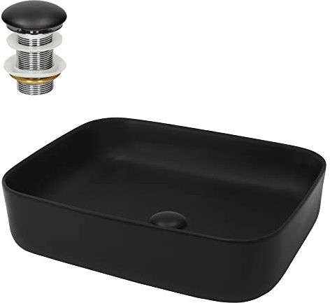 LuxeBath Waschbecken Keramik 510x405x135 mm Schwarz mit Ablaufgarnitur Schwarz, Rechteckiges Aufsatzwaschbecken für Badezimmer/Gäste-WC, Modernes Aufsatzbecken Waschtisch Waschschale Waschplatz Becken