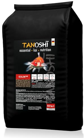 Tanoshi Koifutter - Color Plus - 6mm 13,5 kg | Schwimmendes Hauptfutter für Intensive Farbentwicklung Dank Spirulina mit natürlichem Astaxanthin | ab 10°C