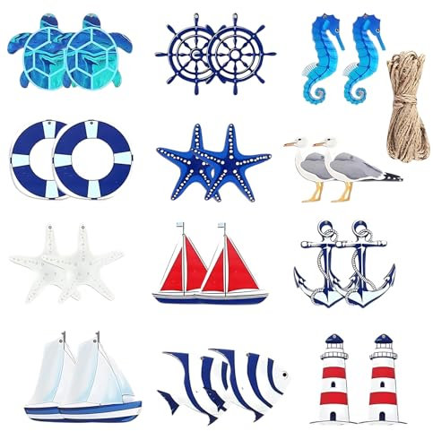 24 Stück Fischernetz Deko, Maritime Dekoanhänger Set, Maritime Deko Badezimmer, Seestern Boot Anker Leuchtturm Fisch Kokospalme für Mini-Fischernetz Wanddekorationen