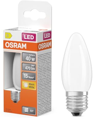 Osram LED-Lampe Star Kerzenform B40 Filament, 2700 K warmweiß, 3,4 W, E27, matt, 470 lm, 15.000h, für Kronleuchter, dekorative Einbauten