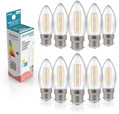 Crompton Lamps Filament Candle LED Light Bulb BC-B22d | 6.5W = 60W Equivalent | Cool White 4000K | Energy Efficient | Bayonet Lightbulb | Long Life 15,000-Hrs | Clear Glass | Dimmable | 10-Pack
