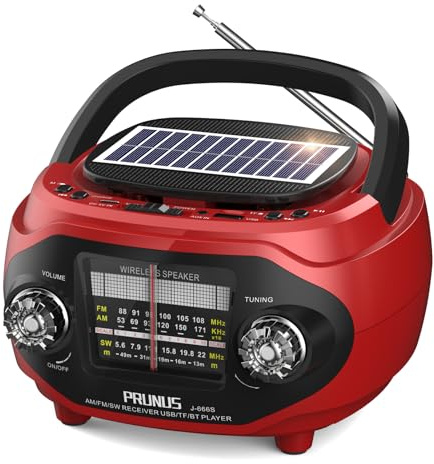 PRUNUS J-666S Radio Portatile Solare AM FM SW e Altoparlante Vintage Bluetooth 6.0 15W, Stereo e Bassi Ricchi, Ricaricabile via USB C, Supporta TF/USB/AUX, Ideale per Casa e Regalo (Rosso)