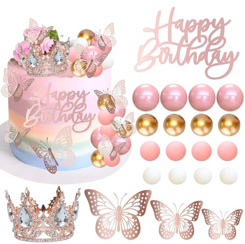 Gyufise 40Pcs Crown Cake Topper Balls Happy Birthday Cake Toppers Crown Birthday Candles Butterflies Corona para Pastel Cake Decorations for Wedding Baby Shower Party Decorations Gold Rose Gold
