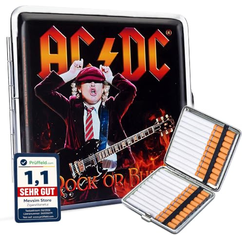 [ Test SEHR GUT, Note 1.1 *] Zigarettenetui AC/DC Rock or Bust – Metall & PU Leder Etui für 20 Zigaretten – Robuste Zigarettenbox im Rock Design – Kompaktes Etui für Damen & Herren