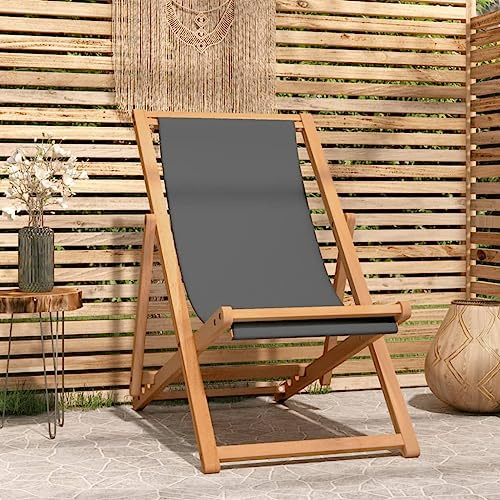 Holamys Strandstuhl Klappbar Massivholz Teak Grau, Verstellbare Rückenlehne, Hochwertiger Stoff, 56x105x96 cm, Faltbar für Garten, Strand und Camping, Komfortabler Outdoor Chair
