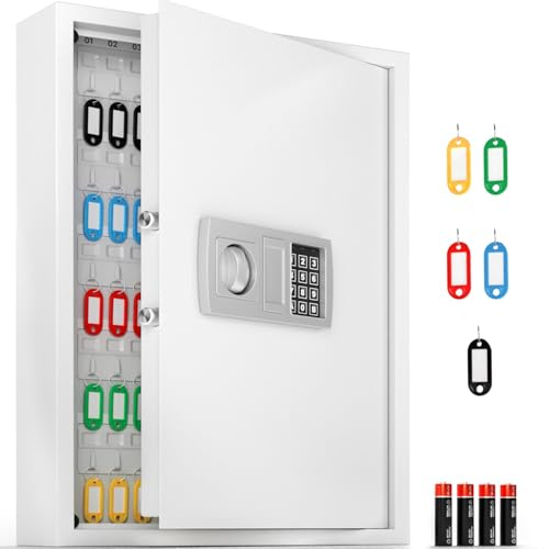 ACROPAQ Schlüsselschrank mit Zahlencode - Für bis zu 100 Schlüssel, Inkl. 100 Anhänger, Mit elektronischer Sicherung, Weiß - Schlüsselkasten groß, Schlüsselsafe mit Code, Schlüsseltresor