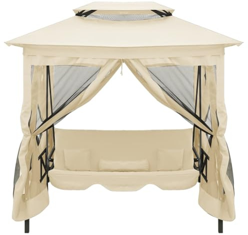 Gecheer Gazebo Convertibile Panchina a Dondolo, ampio gazebo con baldacchino, tende a strappo, rete antipioggia e zanzariera, seduta trasformabile in letto con cuscini, per giardino e terrazza