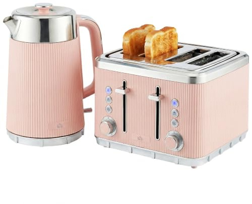 HOMCOM Electric Stainless Steel Kettle and Toaster Set 3000W 1.7L Pink | UK Strix Thermostat, Fast Boil Kettle, Limescale Filter, Cool Touch Body, 4 Slice Toaster, 7 Browning Levels