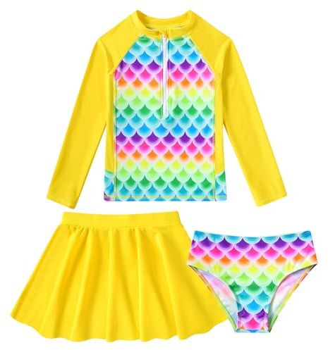 ALISISTER Long Sleeve Swimming Costume Mermaid Swimwear for Girls Rash Guard Zipper Swimsuit Sets 6-7Years Yellow