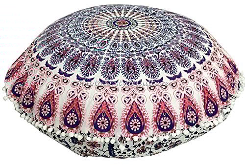 Stylo Culture Indisch Dekorativ Rund Bodenkissenbezug 80 x 80 cm Groß Stuhlkissen Mandala Rosa Boho Pom Pom Spitze Sitzsack Sitzkissen Baumwolle Pfauenfeder Bodenkissen Rund Kinderzimmer