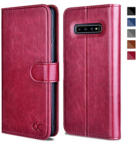 OCASE Galaxy S10 Hülle Handyhülle [Premium Leder] [Standfunktion] [Kartenfach] [Magnetverschluss] Schlanke Leder Brieftasche Hülle für Samsung Galaxy S10 Geräte Burgundy