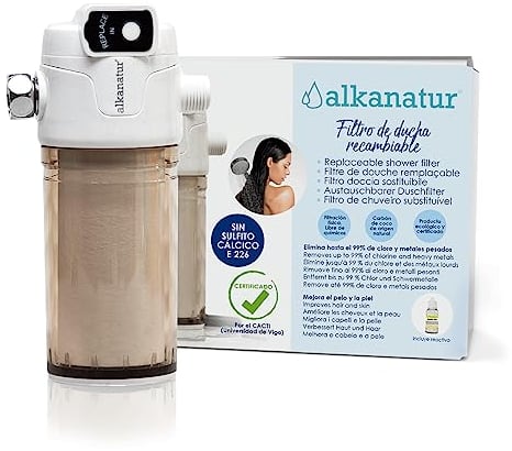 Filtro Ducha Elimina el Exceso de Cal y Cloro - Ecológico Libre de Sulfito Cálcico E226 Elimina Metales Pesados - Filtro Ducha para el Pelo y la Piel de 50.000 L Fácil Instalación - Alkanatur