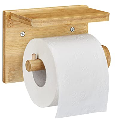 Relaxdays Toilettenpapierhalter mit Ablage, für Handy & Feuchttücher, Bambus Klopapierhalter, HBT 12x16x10,3 cm, natur