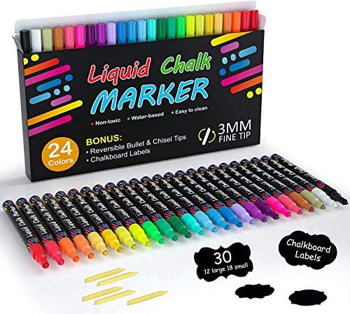 Shuttle Art Kreidestifte, 24 bunte Kreidemarker-Set mit 3mm feiner Spitze, 26 Schildern und 5 Ersatzspitzen, reversibler Rund- und Keilspitze, abwaschbare Tinte, für Tafeln, Fenster, Glas geeignet