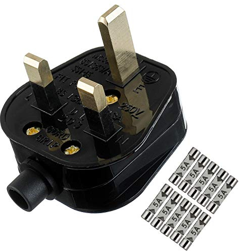 HUAREW 5A Fused Mains Plug With Cord Grip For UK Fuses Black (Pack of 1 pcs ）