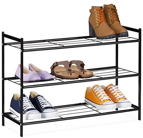Relaxdays Schuhregal Metall, 3 Ablagen, Schuhaufbewahrung für 9 Paar Schuhe, HBT: 50 x 70 x 26 cm, Standregal, schwarz