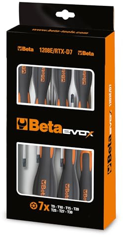 Beta 1208E/RTX-D7 – Set 7 Giraviti Evox Tamper-Resistant Torx®, Cromo con Punte Nere, Impugnatura Bi-materiale Ergonomica, Misure T9–T30 – Utensili Professionali