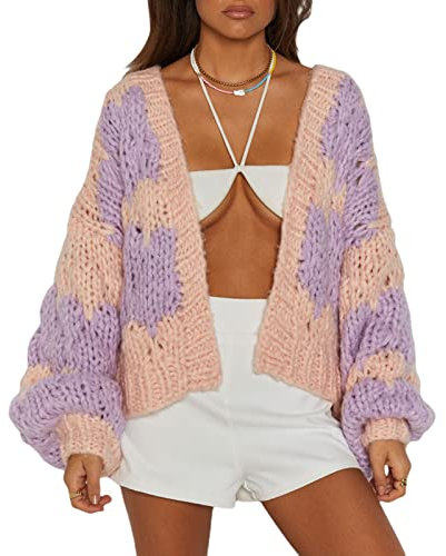 Womens Chunky Cardigan Cable Knit Oversized Open Front Cardigan Sweaters Long Sleeve Loose Knitted Cardigan for Fall Winter (Purple, M)