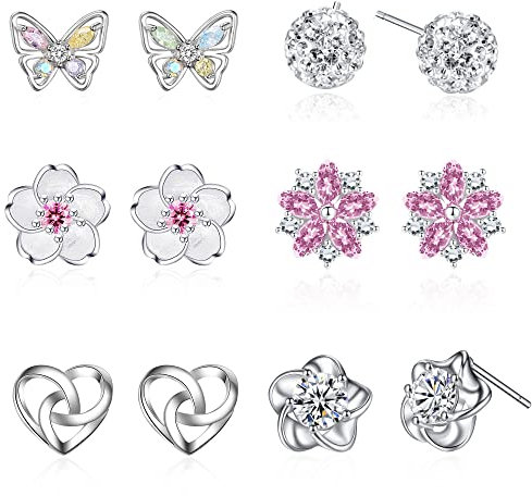 Silver Stud Earrings for Women,S925 Sterling Silver Stud Earrings Cute Deer Butterfly Heart Silver Studs Cubic Zirconia Hypoallergenic Silver Earrings,Sterling Silver Earrings Stud Sets