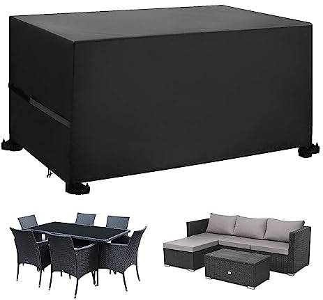 Callni housse Table de Jardin, Imperméable Tissu Oxford 420D, Housse de Protection pour Ensemble de Table et Canapé avec Boucle Coupe vent Mobilier Extérieur -150 x 90 x 75 cm