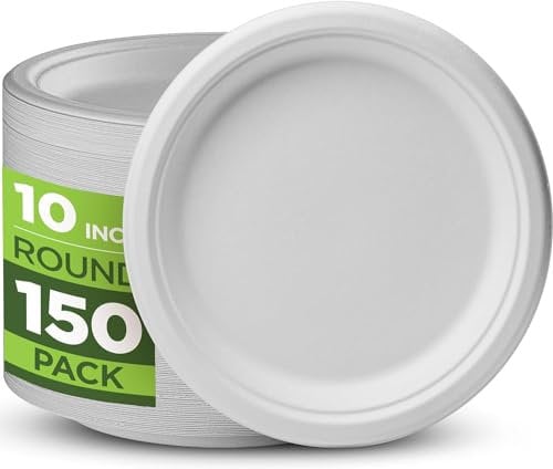Ask Packaging 100% Compostable (10 Inch / 150-Pack) Heavy-Duty Eco-Friendly Disposable Bagasse Plates, Made of Natural Sugarcane Fibers – 10 Biodegradable Paper Plates