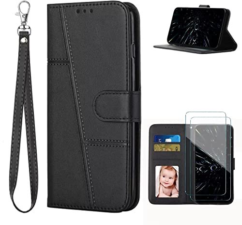 xinyunew Funda de Piel para Xiaomi Redmi Note 10s con Tapa para Xiaomi Redmi Note 10s + 2 Piezas Cristal Templado Carcasa TPU Suave Silicona Case con Colgante (Negro)