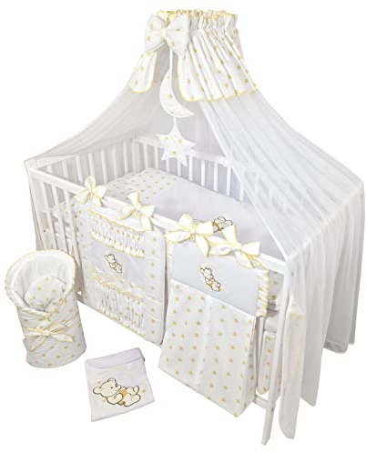 Bello24 - 14 Teiliges Kinderbettwäsche Babybettwäsche Komplettset ohne Bett Bestickt mit Teddybär auf dem goldene Sternchen (100x135 cm)