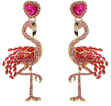 Exquisiter Flamingo-Vogel, Statement-Ohrringe für Damen und Mädchen, Kristall-Strass, Liebesherz, baumelnd, niedlicher Schmuck, Geschenke, Brautschmuck, Geburtstag, Weihnachten, Metall, Zirkonia