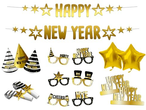 Folat 63764 Dekoration Set Silvester - Partybox Happy New Year - BlackGold HNY - Silvester Deko, Neujahrs Party, Happy New Year Girlande, Folienballons, Fotorequisiten