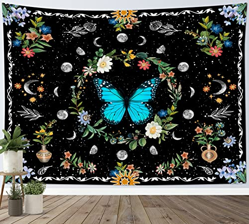 LB Wandteppich Blauer Schmetterling Wandtuch Mondphase Böhmische Blumengrünpflanzen Wandbehang Schwarzer Himmel Tapisserie für Wohnzimmer Schlafzimmer Wohnheim Wanddeko,150x100cm