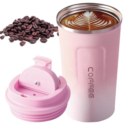 Anwangda Kaffeebecher to go aus Edelstahl, Thermobecher Doppelwand Isoliert, Travel Mug Isolierbecher, Kaffeetasse mit Deckel | 100% dicht | Farbverlauf | Leicht zu reinigen(Rosa)