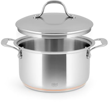 H&H Casserole haute en inox et cuivre, 2 poignées, 20 cm, avec couvercle