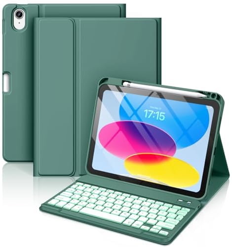Vobafe Hülle mit Tastatur für iPad A16 11/10 Generation (2025/2022, 11/10.9 Zoll)- 7 Farben Beleuchtete Magnetische Abnehmbare Keyboard Schutzhülle mit Stifthalter für iPad 11. /10. Gen, KiefernGrün