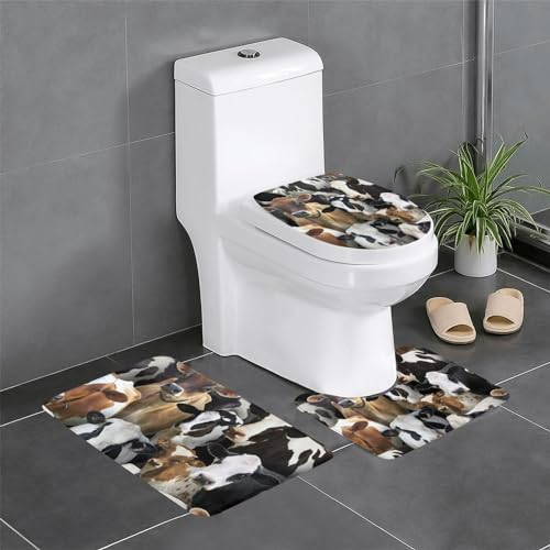 FUkker Alfombra de baño Antideslizante, Juego de 3 alfombras de baño Antideslizantes con Alfombrilla de Inodoro en Forma de U.Animales De Granja Vacas Lecheras Vaca