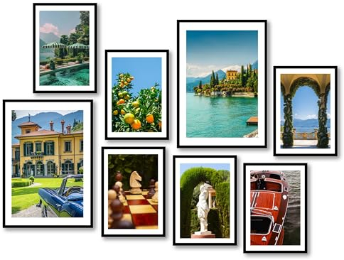 MJ-GRAPHICS® Wandbild Italien, Comer See Bilder Set 2xA2 6xA3, Wohnzimmer Wandbilder, Büro Bilder Set, Schlafzimmer Bild See, Mercedes Oldtimer, Luxus Bilder Natur, Old Money Poster ohne Rahmen