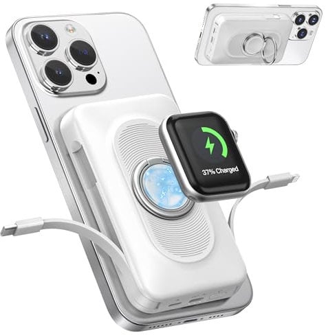 Powerbank 5IN1 mit 2 Kabeln,10000 mAh magnetische Wireless Powerbank mit Schellen & Ständer, Schnelles Laden Externes Akkupack, für iPhone 16/15/14/13/12 iWatch Series (Weib)