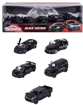 Majorette Auto-Set Black Edition (5 Autos) - 5 Schwarze Modellautos aus Metall mit Freilauf, Federung & zu öffnendem Teil, Spielzeugautos für Sammler und Kinder ab 3 Jahre, je 7,5 cm