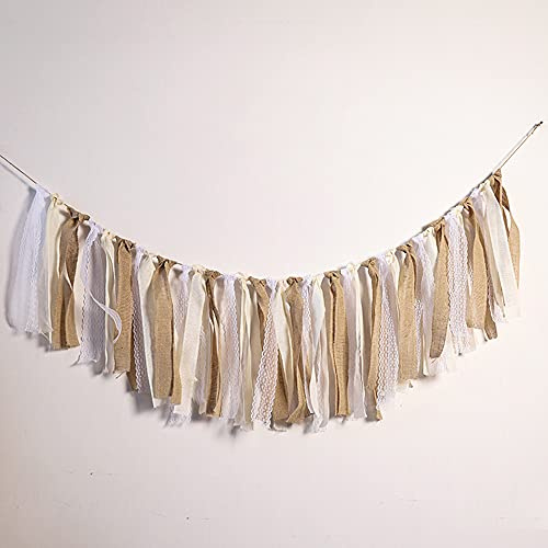 Blausky 1 Stück Lange ca.160cm Spitze Wimpel Girlande,Stoff Bunting Banner Hessischen Banner,Wimpelkette aus Leinen und Spitze für Hochzeit Taufe Geburtstag Party Outdoor Dekoration,Weiß