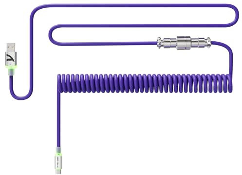ATTACK SHARK C01Ultra Cable Teclado Espiral con Iluminación RGB, Cable Aviator USB C Coiled para Teclado Mecánico 8KHz, Tipo C a USB A, Conector de Aviación de Metal Desmontable, 56.5In - Morado