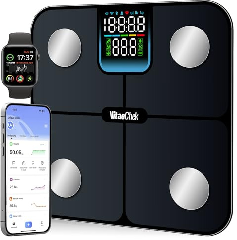VitaeChek Bilancia Pesapersone Digitale Intelligente 180Kg Bluetooth con App, Impedenziometrica Professionale con Elettrodi in Acciaio Inossidabile, Display LED e 25 Indicatori Corporei